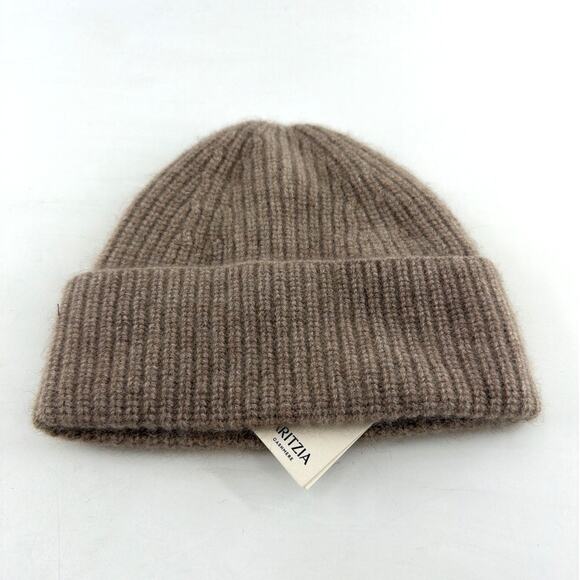 Aritzia Heather Nomad Taupe Ribbed Cuff 100% Cashmere Crowned Beanie One Size